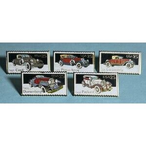 5 Antique Automobiles 1988-25cUSPS Postage Stamp Pins -Dusenburg,Pierce Arrow +